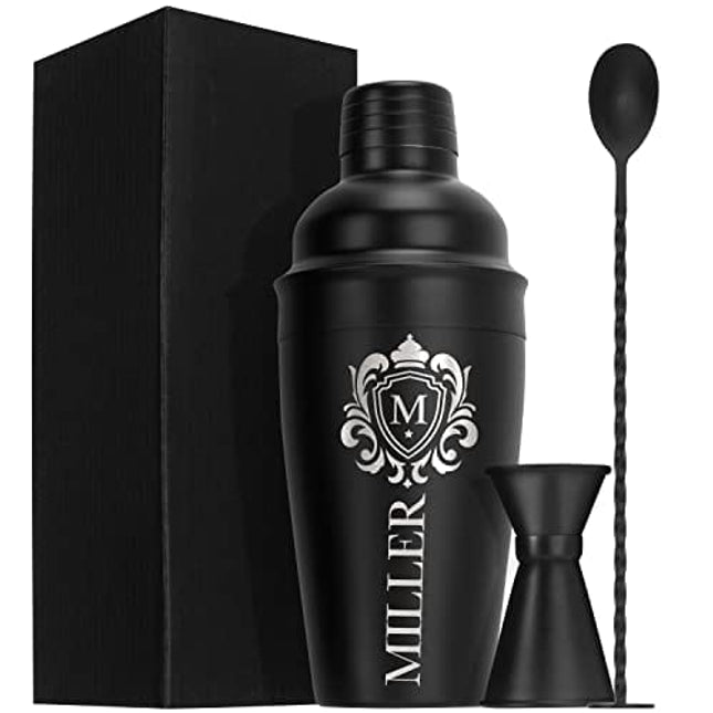 Gifts for Him, Personalized Cocktail Shaker Set - 9 Designs w/ Name, 18 Oz Black Stainless Metal Martini Shaker, Ice Strainer, Jigger, Mixing Spoon - Gifts for Men, Bartender Kit #6