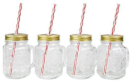 Lily's Home Old Fashioned Mason Jar Mugs with Handles, Tin Lids and Matching Reusable Plastic Straws, Great as Old Fashion Drinking Glasses at BBQs and Parties, Clear (16 oz. Each, Set of 4)