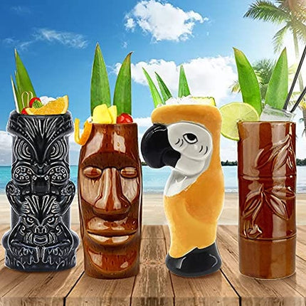 Tiki Mugs Cocktail Set of 4 - Large Tumblers Ceramic Hawaiian Luau Party Mugs Drinkware, Cute Exotic Cocktail Glasses, Tiki Bar Professional Hawaiian Party Barware (Mug Sets) - TKSET0010
