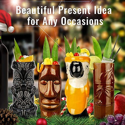 Tiki Mugs Cocktail Set of 4 - Large Tumblers Ceramic Hawaiian Luau Party Mugs Drinkware, Cute Exotic Cocktail Glasses, Tiki Bar Professional Hawaiian Party Barware (Mug Sets) - TKSET0010
