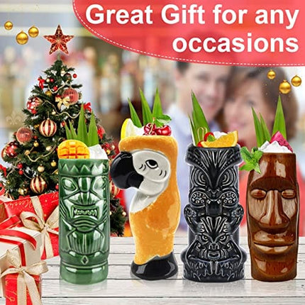 Tiki Mugs Cocktail Set of 4 - Tumblers Ceramic Hawaiian Luau Party Mugs Drinkware, Cute Exotic Cocktail Glasses, Tiki Bar Professional Hawaiian Party Barware, TKSET0003 (4PCS)