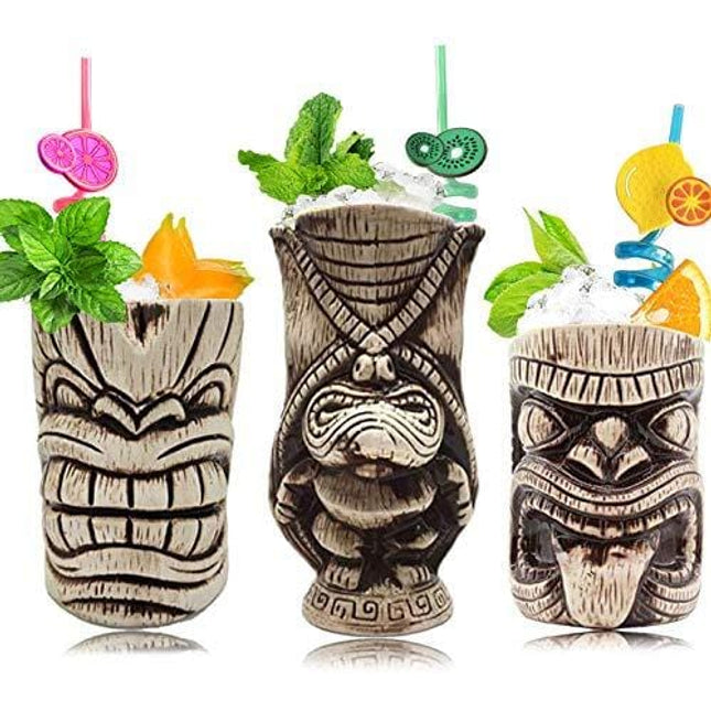 Tiki Mugs Set – Ceramic Tiki Mug, Cocktail Mugs for Mai Tai, Punch, Pina Colada, and Tropical bar Drinks (TIKISET)