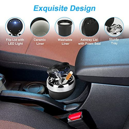 LINGSFIRE Car Ashtray with Lid Smell Proof, Detachable Car Ashtray with Light, Ceramics Inner Car Smoking Accessories Car Cigarette Ashtray Fit Most Car Cup Holder or Indoor Outdoor Use(Sliver)