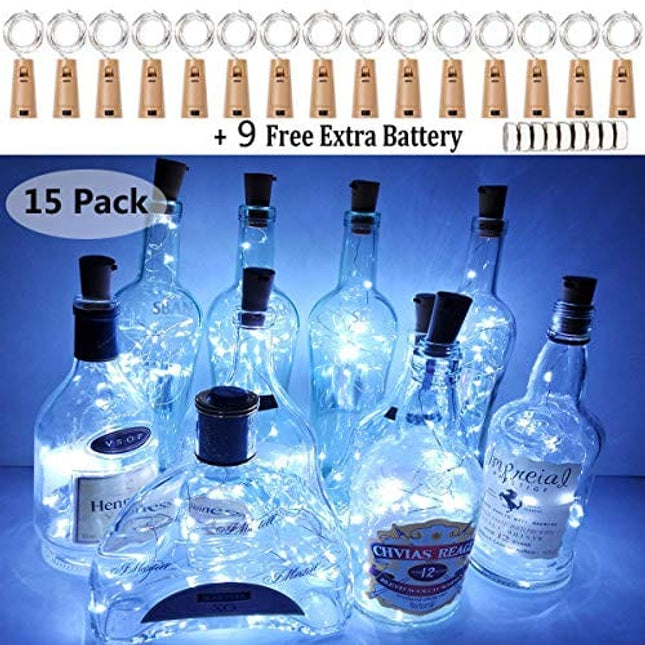 LiyuanQ Wine Bottle Lights with Cork, 15 Pack Battery Operated Cork Lights + 9 PCS Extra Replacement Batteries with Fairy Mini String Lights for Party Wedding Decor Cool White (Bottle not Included)