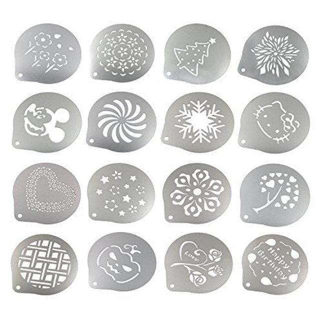 Lofekea Stainless Steel Powder Shakers Coffee Cocoa Cinnamon Shaker Cans Mesh Duster With 16PCS Stainless Steel Barista Coffee Decorating Stencils Template For Latte Cappuccino, Cupcake Stencils
