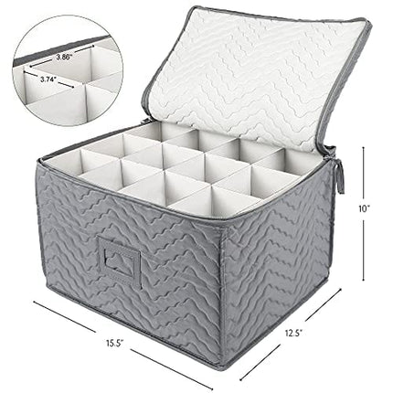 LotFancy Stemware Storage Container - Deluxe Quilted Storage Case with Dividers for 12 - Wine Glasses, Champagne Flutes, Glassware, Drinkware Storage Chest, 15.5”x12.5”x 10”, Gray
