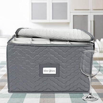 LotFancy Stemware Storage Container - Deluxe Quilted Storage Case with Dividers for 12 - Wine Glasses, Champagne Flutes, Glassware, Drinkware Storage Chest, 15.5”x12.5”x 10”, Gray