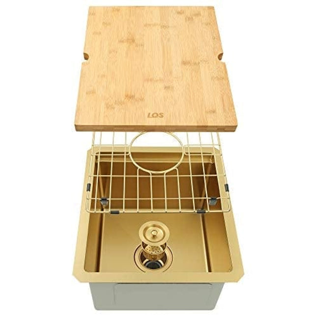 LQS Gold Undermount Bar Sink, RV Sink, Handmade Stainless Steel Bar Sink 15" x 17", 16 Gauge Workstation Sink, Small Single Bowl Kitchen Sink with Cutting Board, Sink Protectors and Accessories