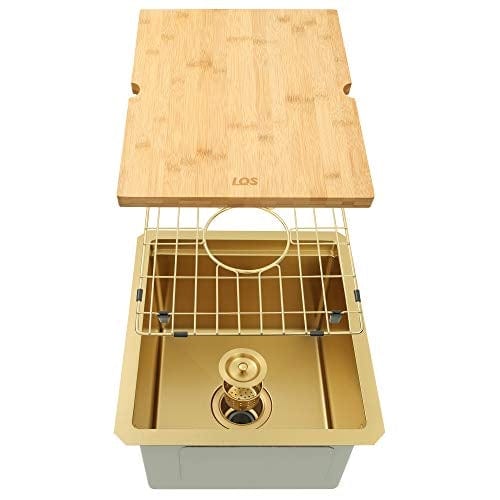 LQS Gold Undermount Bar Sink, RV Sink, Handmade Stainless Steel Bar Sink 15" x 17", 16 Gauge Workstation Sink, Small Single Bowl Kitchen Sink with Cutting Board, Sink Protectors and Accessories