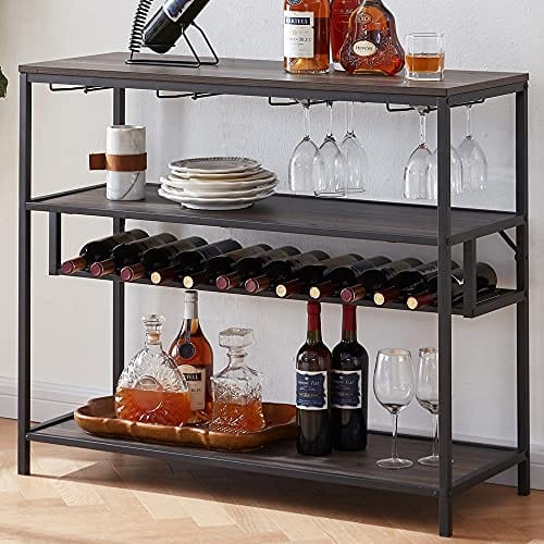 LVB Wine Rack Table, Liquor Bar Cabinet Freestanding Floor, Wooden Rustic Wine Storage with Wine Shelf and Glass Holder, Metal and Wood Modern Wine Cabinet for Home with Wine Bottle Rack, Grey Oak