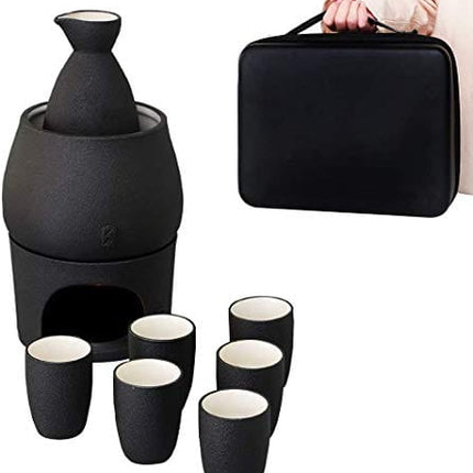 Lyty Ceramic Sake Set Cups with Warmer + Sake Saki Drink Storage Gift Box, Porcelain Pottery Hot Cold Saki Drink, 9pcs Include 1 Stove 1 Warming Bowl 1 Sake Bottle 6 Cup