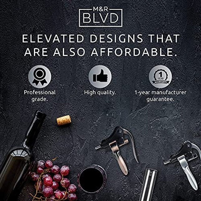 Electric Wine Opener Set by M&R Blvd | Deluxe Electric Wine Bottle Opener with Foil Cutter, Aerator, and Stopper | Bar Accessory & Wine Gift Kit | Rechargeable Electric Corkscrew – USB Charging Cable