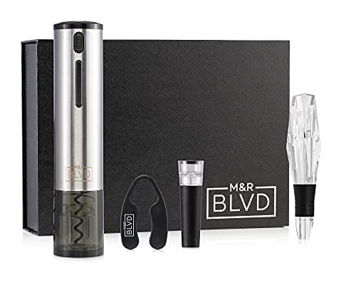 Electric Wine Opener Set by M&R Blvd | Deluxe Electric Wine Bottle Opener with Foil Cutter, Aerator, and Stopper | Bar Accessory & Wine Gift Kit | Rechargeable Electric Corkscrew – USB Charging Cable