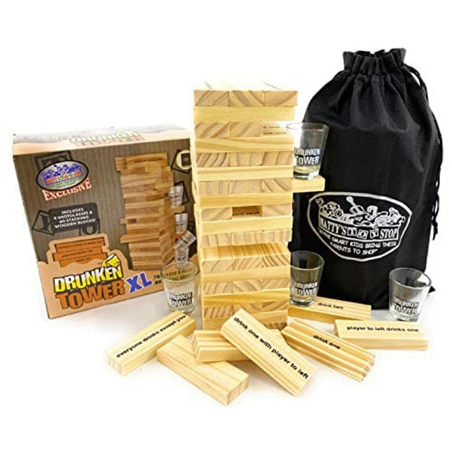 Mɑtty's Toy Stop Deluxe 60pc XL Wood Drunken Tower The Grab A Piece Drinking Game with Shot Glasses & Storage Bag