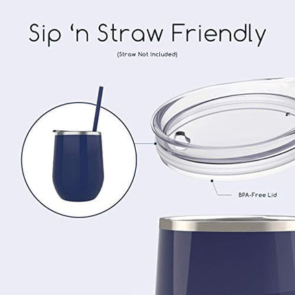 Maars Bev Stainless Steel Stemless Wine Glass Tumbler with Lid, Vacuum Insulated 12 oz Cup | Spill Proof, Travel Friendly, Classic Cocktail Drinkware - Midnight Blue