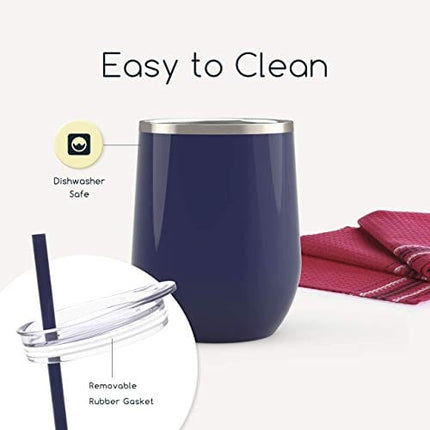 Maars Bev Stainless Steel Stemless Wine Glass Tumbler with Lid, Vacuum Insulated 12 oz Cup | Spill Proof, Travel Friendly, Classic Cocktail Drinkware - Midnight Blue