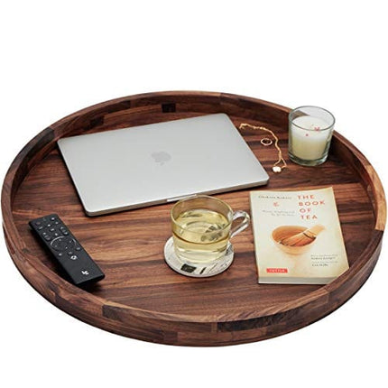 Advanced Mixology 24 Inches Extra Large Round Black Walnut Wood Ottoman Tray with Handles, Serve Tea, Coffee or Breakfast in Bed, Classic Circular Wooden Decorative Serving Tray
