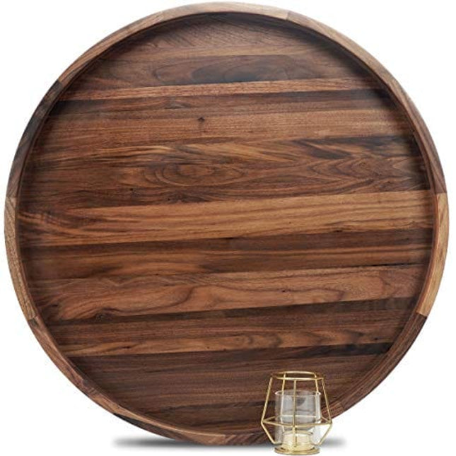 Advanced Mixology 24 Inches Extra Large Round Black Walnut Wood Ottoman Tray with Handles, Serve Tea, Coffee or Breakfast in Bed, Classic Circular Wooden Decorative Serving Tray