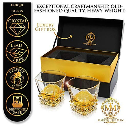 Maketh The Man Crystal Whiskey Glass Set of 2.10oz Bourbon Glass Set for Men. Double Old Fashioned Glass for Scotch Whisky & Other Liquor. Art Deco Rocks Glasses