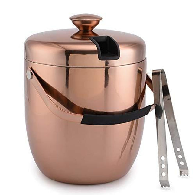 malmo Stainless Steel Double Walled Ice Bucket with Tongs & Seal Lid (3L) - Steel Interior & Copper Exterior - Chiller Bin Basket for Parties, BBQ & Buffet
