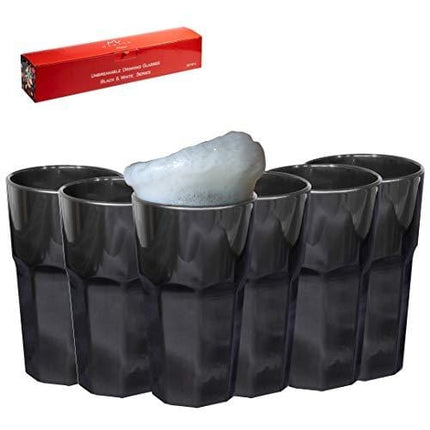 Unbreakable Glasses Drinking Set of 6, Stemless Polycarbonate Shatterproof Outdoor Drinkware Tumbler Cups Dishwasher-Safe Pool Parties, Camping, Beach, Wedding Water, Juice, cocktail BPA Free (black)