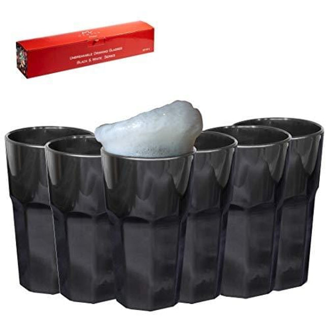Unbreakable Glasses Drinking Set of 6, Stemless Polycarbonate Shatterproof Outdoor Drinkware Tumbler Cups Dishwasher-Safe Pool Parties, Camping, Beach, Wedding Water, Juice, cocktail BPA Free (black)