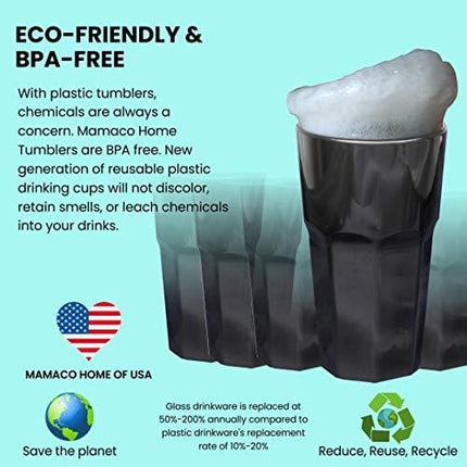 Unbreakable Glasses Drinking Set of 6, Stemless Polycarbonate Shatterproof Outdoor Drinkware Tumbler Cups Dishwasher-Safe Pool Parties, Camping, Beach, Wedding Water, Juice, cocktail BPA Free (black)