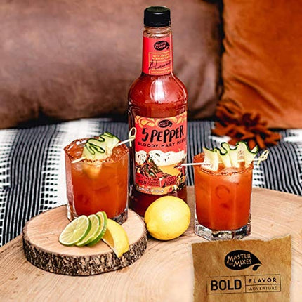 Master of Mixes 5 Pepper Extra Spicy Bloody Mary Drink Mix, Ready to Use, 1 Liter Bottle (33.8 Fl Oz), Pack of 6