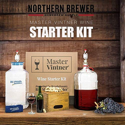 Master Vintner Wine Making Equipment Starter Kit with Plastic Big Mouth Bubbler and Glass Carboy