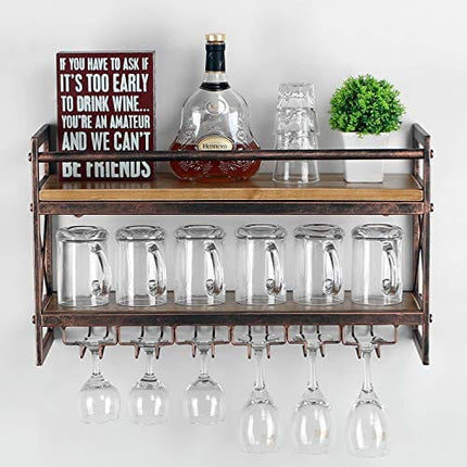 MBQQ Wine Rack Stemware Glass Rack,Industrial 2-Tier Wood Shelf,24in Wall Mounted Wine Racks with 6 Glass Holder for Wine Glasses,Mugs,Home Decor,Retro Red