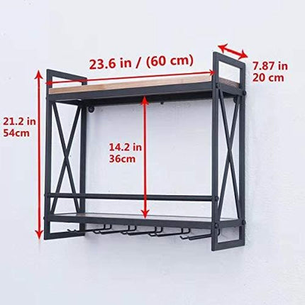 MBQQ Rustic Wall Mounted Wine Racks with 6 Stem Glass Holder,23.6in Industrial Metal Hanging Wine Rack,2-Tiers Wood Shelf Floating Shelves,Home Room Living Room Kitchen Decor Display Rack