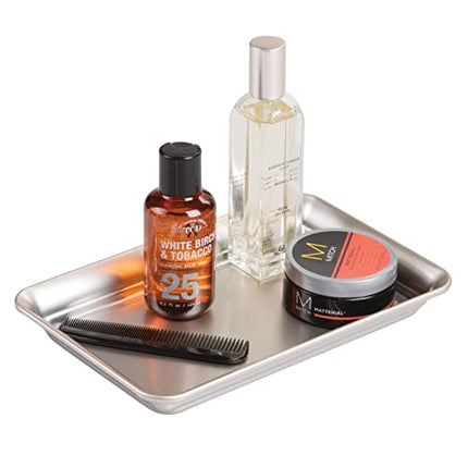 mDesign Metal Storage Organizer Tray for Bathroom Vanity Countertops, Closets, Dressers - Holder for Guest Hand Towels, Watches, Earrings, Makeup Brushes, Reading Glasses - Satin