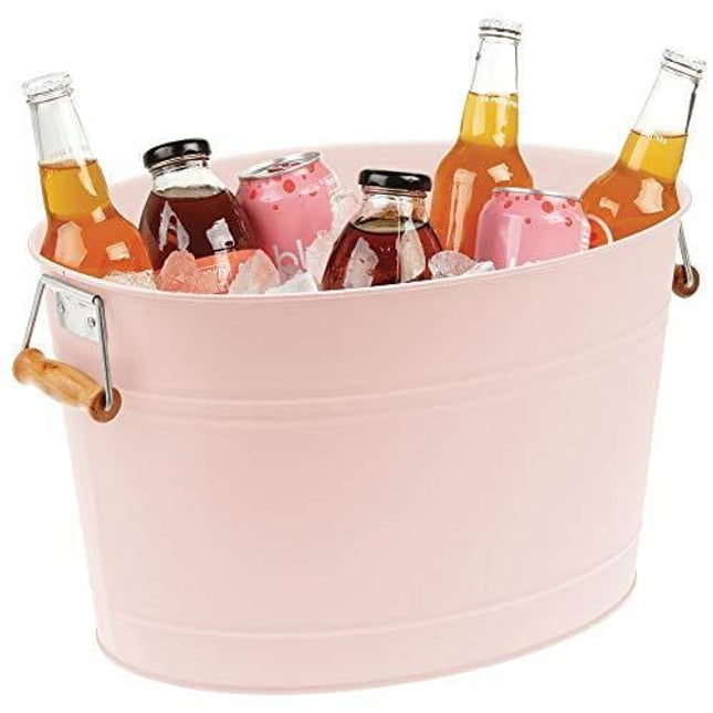 mDesign Metal Beverage Tub & Soda Pop, Beer, Wine, Ice Holder - Portable Party Drink Chiller - 18 Liter Container - Rustic Vintage Farmhouse Oval Storage Bucket Bin - Pink/Natural Bamboo Wood Handles