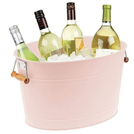 mDesign Metal Beverage Tub & Soda Pop, Beer, Wine, Ice Holder - Portable Party Drink Chiller - 18 Liter Container - Rustic Vintage Farmhouse Oval Storage Bucket Bin - Pink/Natural Bamboo Wood Handles