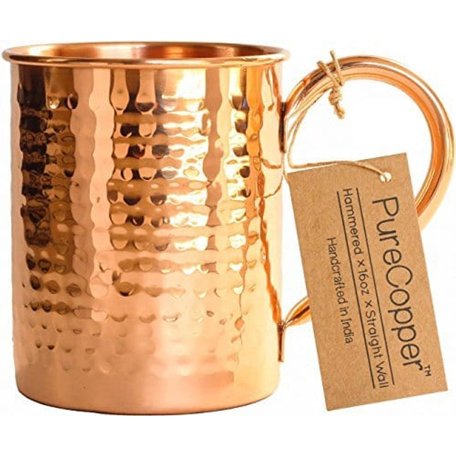 100% Copper Mug for Moscow Mule - 16oz Hammered Pure Copper Thick Straight Wall