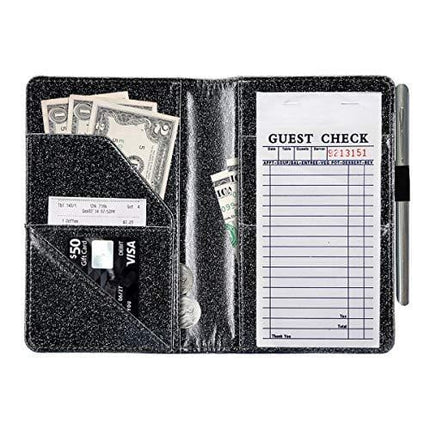 Menesia Glitter Server Book Organizer for Waitress,Black Waiter Serving Book,Waitstaff Server Order Pads,Guest Checks Books Holder for Restaurant Fit Server Apron