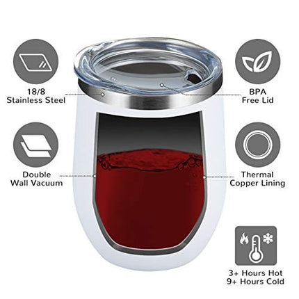 MEWAY Stemless 12 OZ Wine Tumbler Glasses with Lid -Insulated Double Wall Vacuum Stainless Steel Travel Tumbler with Straw ,Gift for Woman Under 10 dollars (White,1)