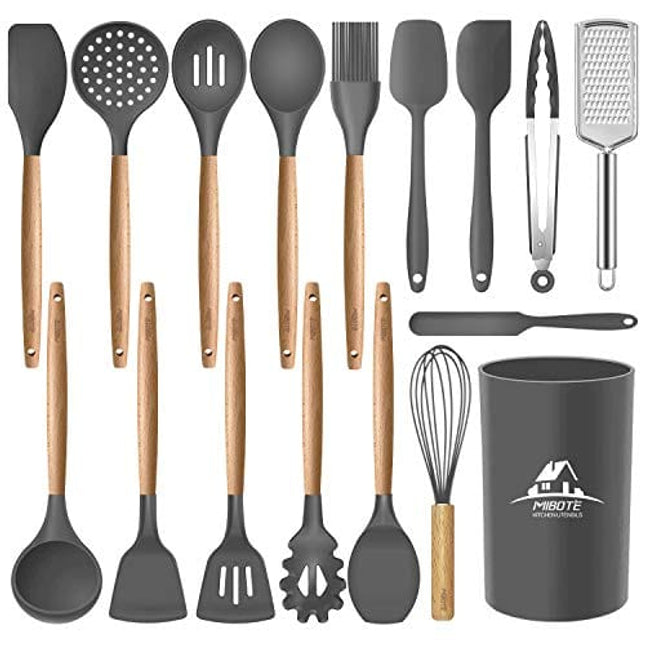 Mibote 17 Pcs Silicone Cooking Kitchen Utensils Set with Holder, Wooden Handles Silicone Turner Tongs Spatula Spoon Kitchen Gadgets Utensil Set for Nonstick Cookware (Grey)