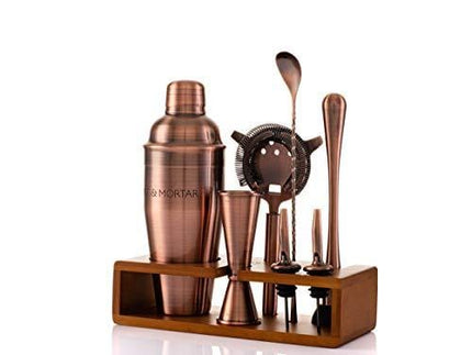 Mint&Mortar 7-Piece Cocktail Shaker Set with Bamboo Stand Stainless Steel Mixology Bartender Kit with Bar Tools for the home & professional Great Martini/Margarita 24oz mixer in Unique Brushed Copper