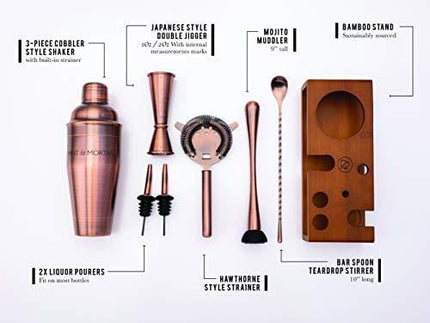 Mint&Mortar 7-Piece Cocktail Shaker Set with Bamboo Stand Stainless Steel Mixology Bartender Kit with Bar Tools for the home & professional Great Martini/Margarita 24oz mixer in Unique Brushed Copper