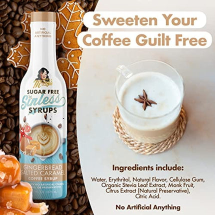 Sugar Free Gingerbread Salted Caramel Sinless Syrup - Sugar Free Coffee Syrup, Keto Friendly, Zero Carbs, Plant Based, Natural & Organic Ingredients, No Artificial Anything, No Sugar, Diabetic Friendly, Coffee Tea Cocoa Dessert, Holiday Flavor, Gingerbrea