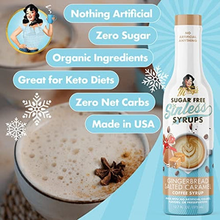 Sugar Free Gingerbread Salted Caramel Sinless Syrup - Sugar Free Coffee Syrup, Keto Friendly, Zero Carbs, Plant Based, Natural & Organic Ingredients, No Artificial Anything, No Sugar, Diabetic Friendly, Coffee Tea Cocoa Dessert, Holiday Flavor, Gingerbrea