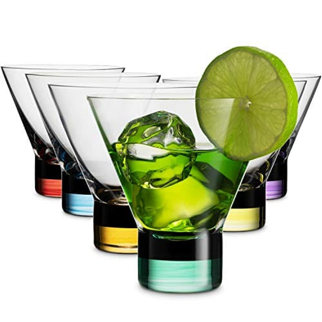 MITBAK Martini Glasses 8 OZ (Set of 6) With Stylish Colorful Bases | Elegant Stemless Bar Glasses | Great for Martini, Cocktail, Whiskey, Margarita, & More | Cocktail Glasses Made In Europe
