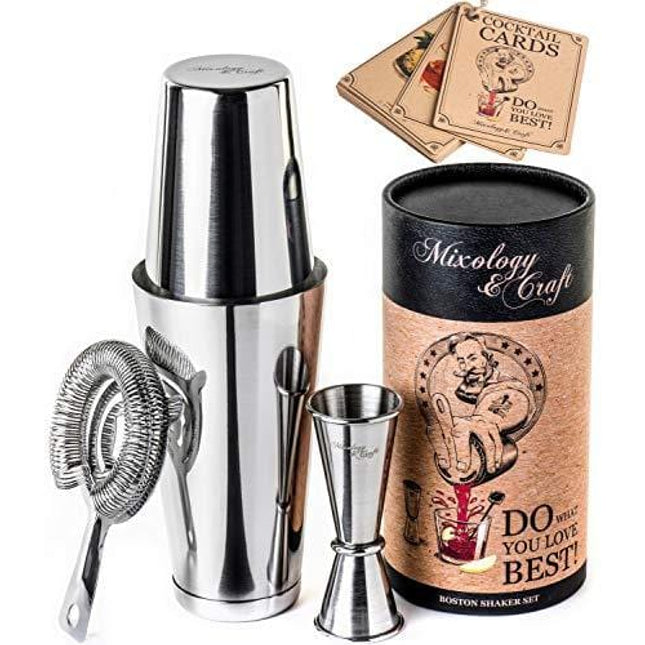 Cocktail Shaker Boston Shaker Set: Professional Weighted Martini Shakers with Cocktail Strainer and Japanese Jigger | Portable Bar Shaker Set for Drink Mixer Bartending | Exclusive Recipes Bonus
