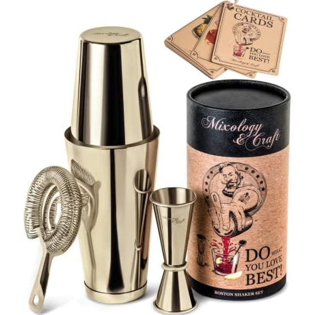 Mixology Cocktail Shaker Boston Shaker Set Professional Weighted Martini Shakers, Strainer and Japanese Jigger, Portable Bar Set for Drink Mixer Bartending, Exclusive Recipes Cards (Gold)