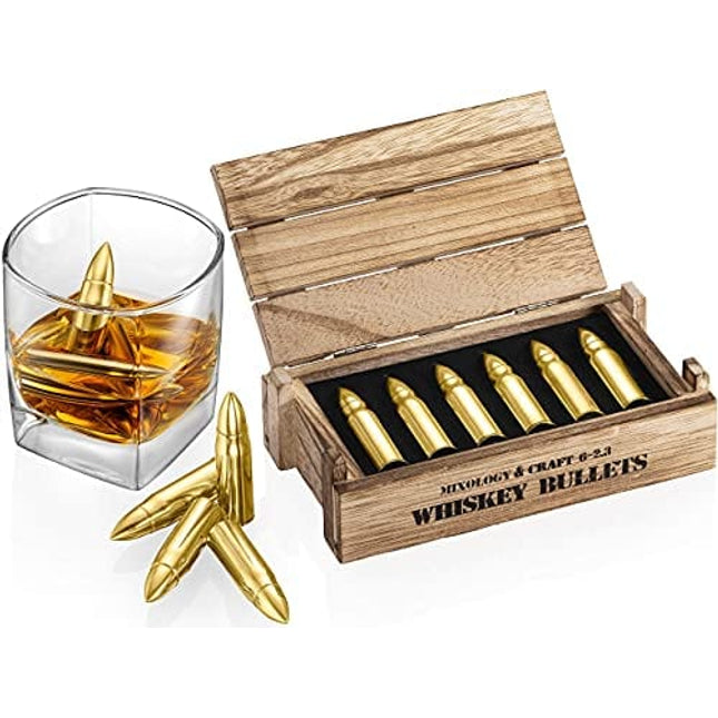 Whiskey Stone Bullets Gift Set - Stainless Steel Bullet Shaped Whiskey Stones in a Wooden Army Crate | Reusable Bullet Ice Cube for Whiskey | Whiskey Gift Set for Men, Dad, Husband, Boyfriend (Gold)