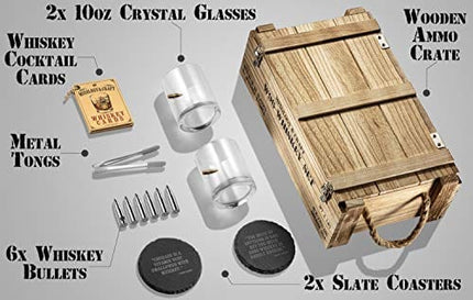 Whiskey Stones Gift Set for Men | Whiskey Glass and Stone Set with Wooden Army Crate, 6 Stainless Steel Whiskey Bullets and 10oz Whiskey Glasses | Whiskey Lovers Gift For Men, Dad, Husband, Boyfriend