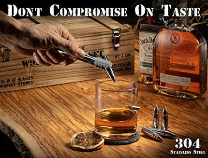 Whiskey Stones Gift Set for Men | Whiskey Glass and Stone Set with Wooden Army Crate, 6 Stainless Steel Whiskey Bullets and 10oz Whiskey Glasses | Whiskey Lovers Gift For Men, Dad, Husband, Boyfriend
