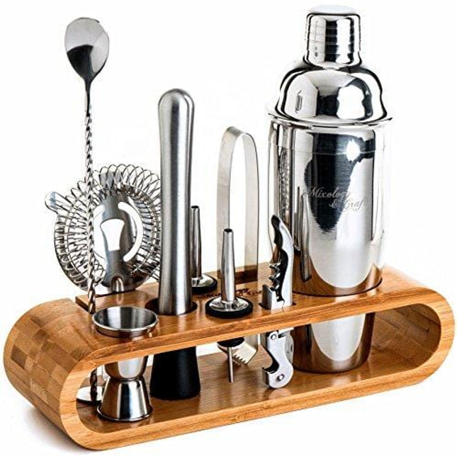 Mixology Bartender Kit: 10-Piece Bar Tool Set with Stylish Bamboo Stand | Perfect Home Bartending Kit and Martini Cocktail Shaker Set For an Awesome Drink Mixing Experience (Silver)