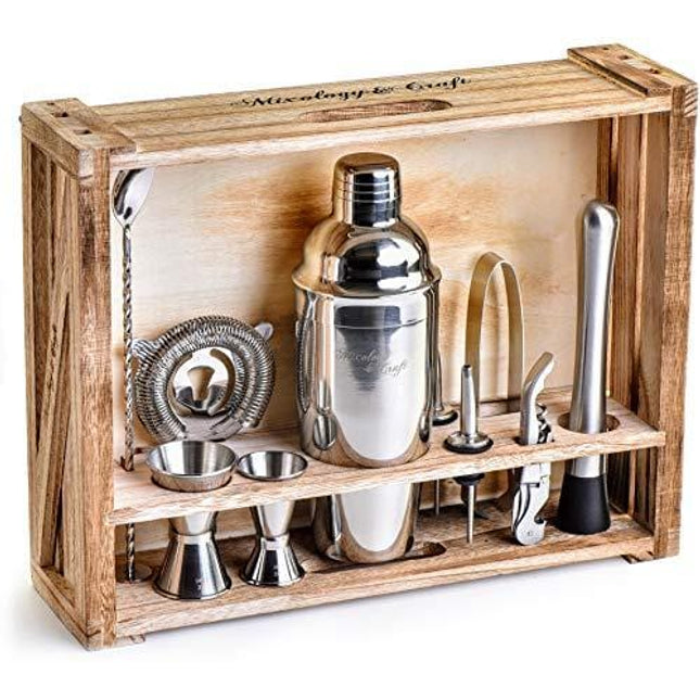 Mixology Bartender Kit: 11-Piece Bar Tool Set with Rustic Wood Stand - Perfect Home Bartending Kit and Cocktail Shaker Set For an Awesome Drink Mixing Experience (Silver)